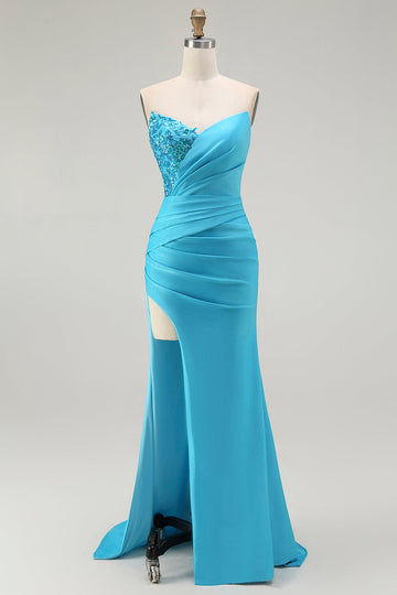 Sparkly Blue Strapless Mermaid Ruched Long Formal Dress with Slit
